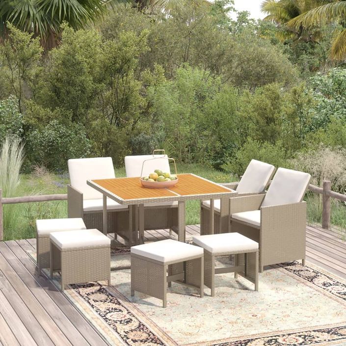 Meubles à dîner de jardin et coussins 9 pcs Poly rotin Beige - Photo n°1