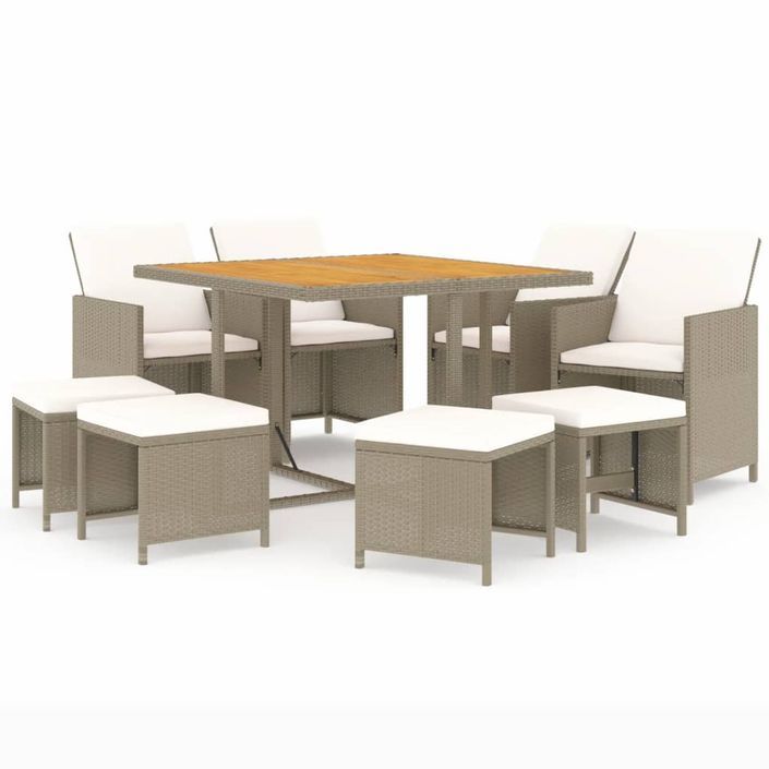 Meubles à dîner de jardin et coussins 9 pcs Poly rotin Beige - Photo n°2