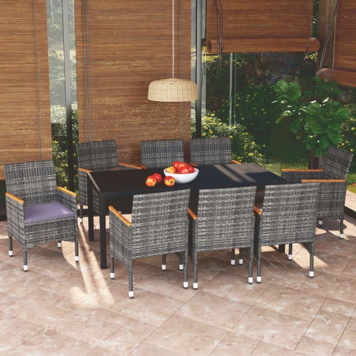 Meubles à dîner de jardin et coussins 9 pcs Poly rotin Gris - Photo n°1