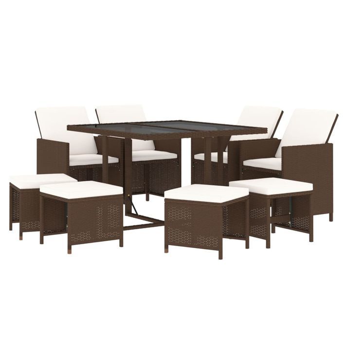 Meubles à dîner de jardin et coussins 9 pcs Poly rotin Marron - Photo n°3