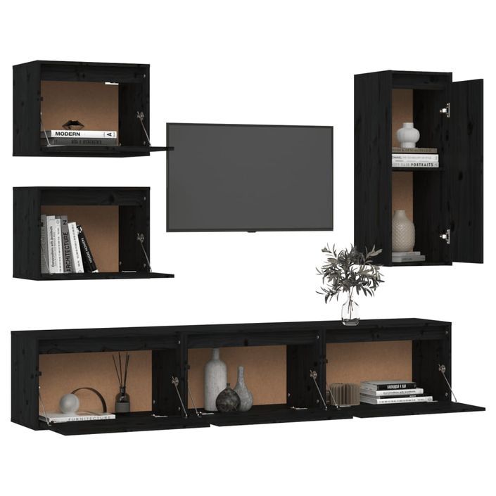 Meubles TV 6 pcs Noir Bois massif de pin 2 - Photo n°4