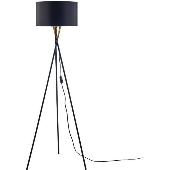 MIKADO - Lampadaire Trépied Métal Noir - Abat jour tissu Noir et doré - Diam 34 x H 140 cm - Photo n°1