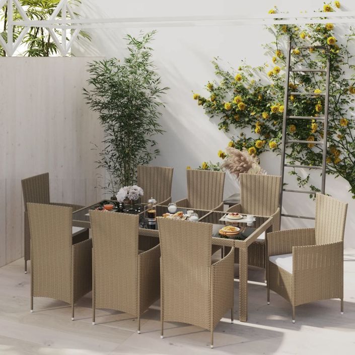 Mobilier à dîner de jardin 9 pcs coussins Résine tressée Beige - Photo n°1