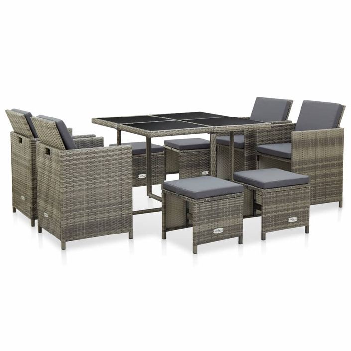 Mobilier à dîner de jardin 9pcs et coussins Résine tressée Gris 4 - Photo n°1