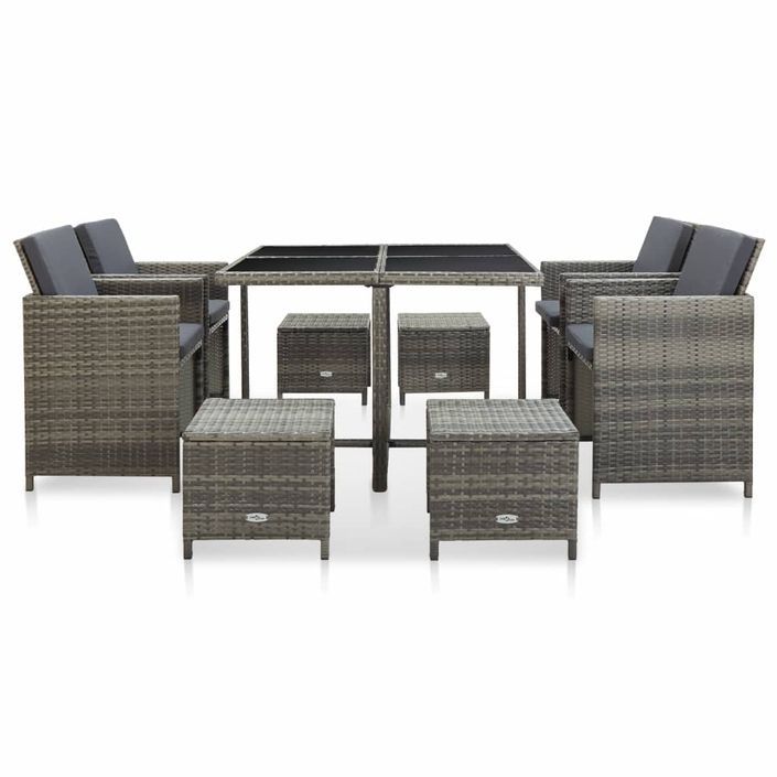 Mobilier à dîner de jardin 9pcs et coussins Résine tressée Gris 4 - Photo n°2