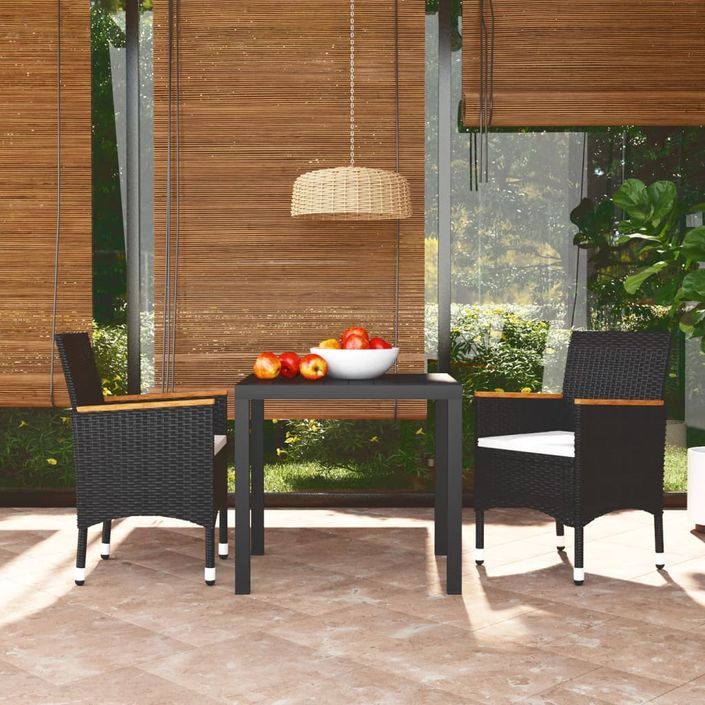 Mobilier à dîner de jardin et coussins 3pcs Résine tressée Noir - Photo n°1