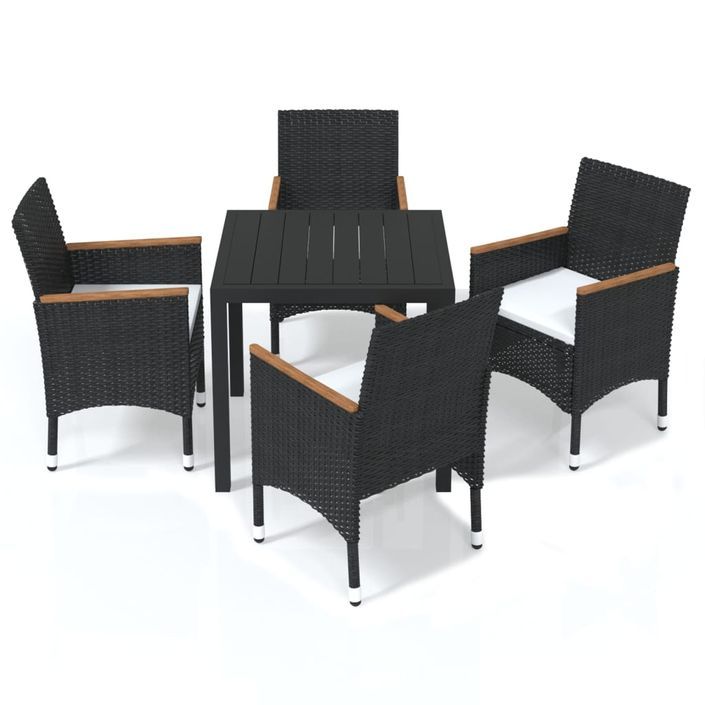 Mobilier à dîner de jardin et coussins 5pcs Résine tressée Noir - Photo n°2