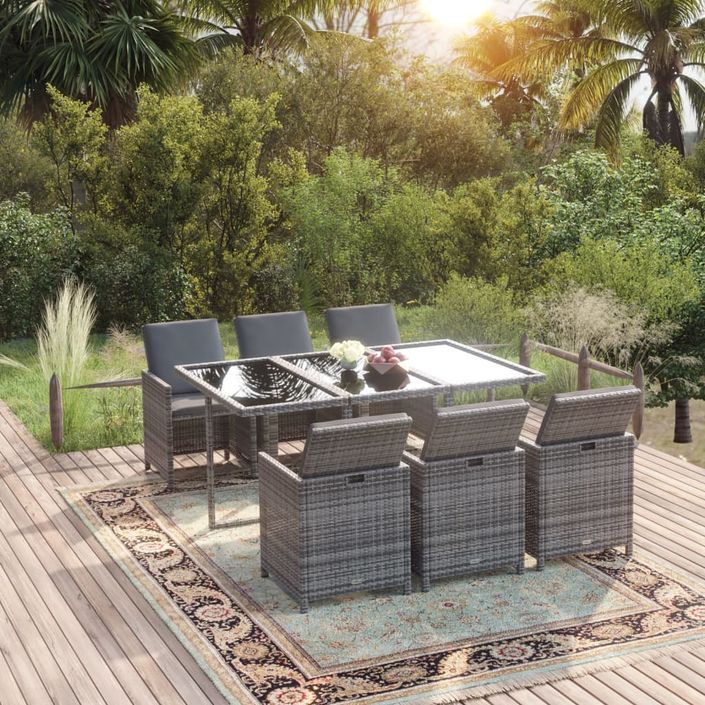 Mobilier à dîner de jardin et coussins 7pcs Résine tressée Gris - Photo n°1