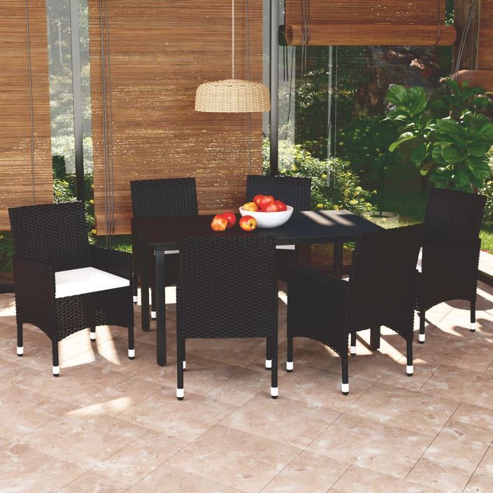 Mobilier à dîner de jardin et coussins 7pcs Résine tressée Noir - Photo n°1