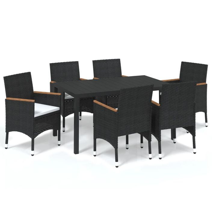 Mobilier à dîner de jardin et coussins 7pcs Résine tressée Noir - Photo n°2