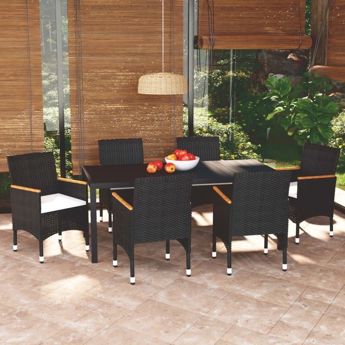 Mobilier à dîner de jardin et coussins 7pcs Résine tressée Noir - Photo n°1