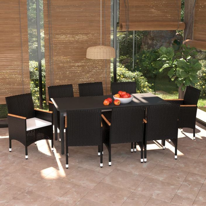 Mobilier à dîner de jardin et coussins 9pcs Résine tressée Noir 4 - Photo n°2