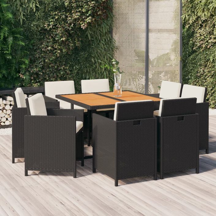 Mobilier à dîner de jardin et coussins 9pcs Résine tressée Noir - Photo n°1