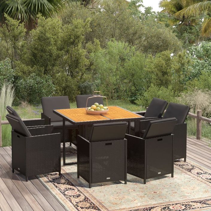 Mobilier à dîner de jardin et coussins 9pcs Résine tressée Noir - Photo n°1