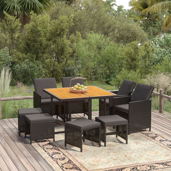 Mobilier à dîner de jardin et coussins 9pcs Résine tressée Noir - Photo n°1