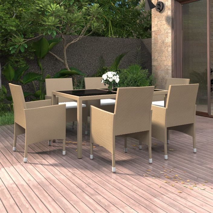 Mobilier à dîner jardin 7 pcs Résine tressée verre trempé Beige - Photo n°1