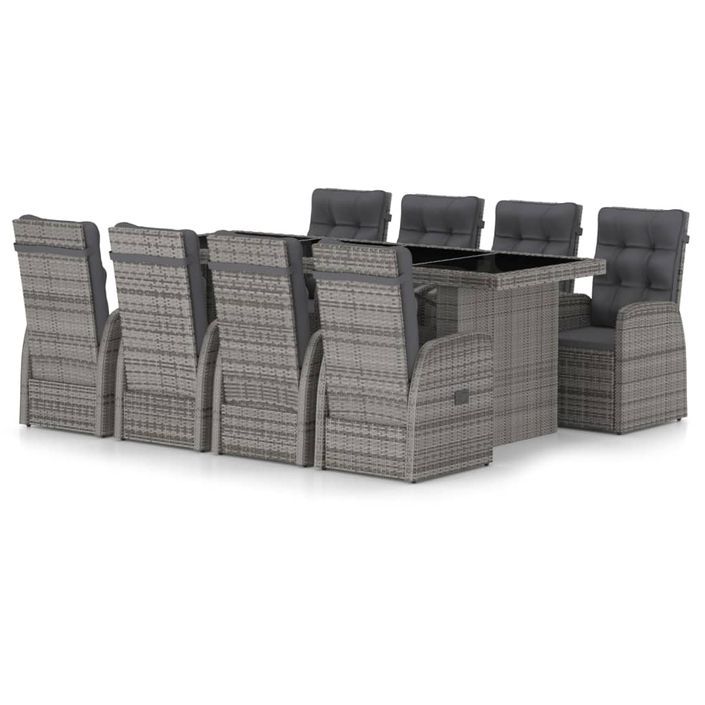 Mobilier à dîner jardin 9 pcs avec coussins Résine tressée Gris - Photo n°1