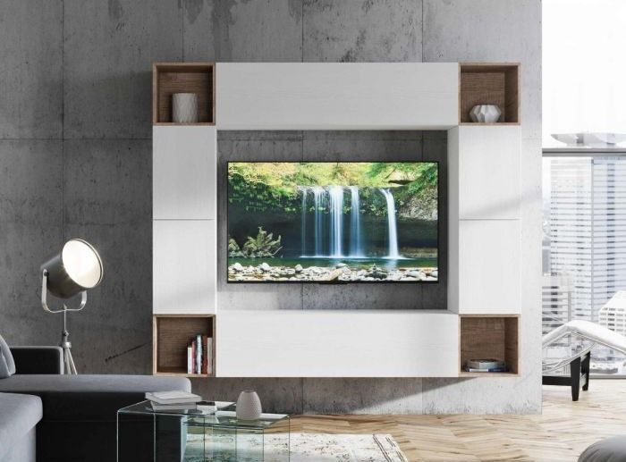 Mur TV design blanc et noyer Mila 10 pièces - Photo n°1