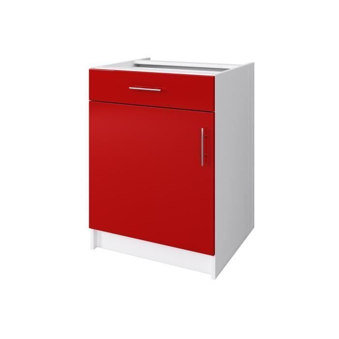 OBI Caisson bas de cuisine avec 1 porte, 1 tiroir L 60 cm - Blanc et rouge laqué brillant - Photo n°1