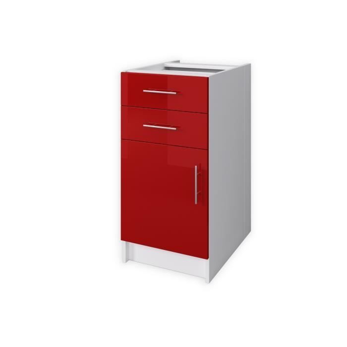 OBI Caisson bas de cuisine avec 1 porte, 2 tiroirs L 40 cm - Blanc et rouge laqué brillant - Photo n°1