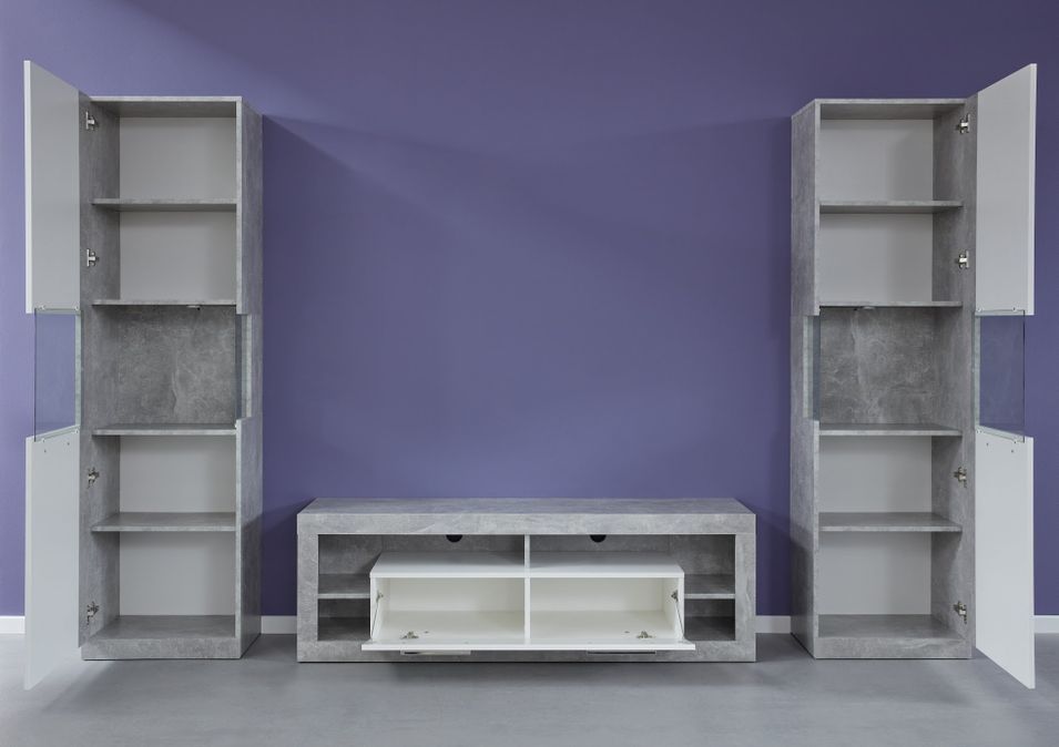 Pack meuble TV et 2 colonnes de rangement à Led blanc brillant et gris Roska - Photo n°3
