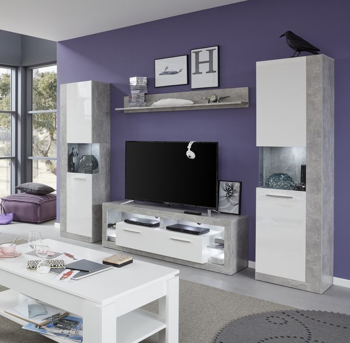 Pack meuble TV et 2 colonnes de rangement à Led blanc brillant et gris Roska - Photo n°4