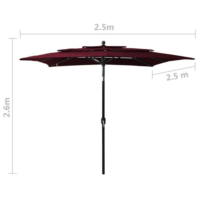 Parasol à 3 niveaux avec mât en aluminium Bordeaux 2,5x2,5 m - Photo n°8