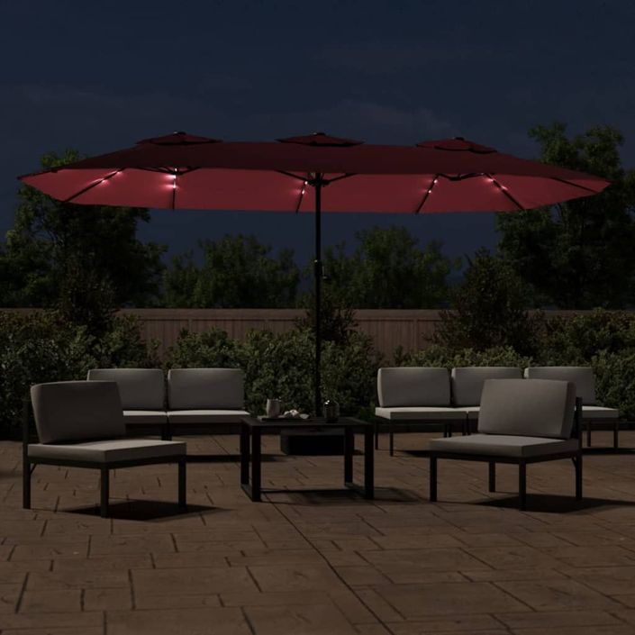 Parasol à double tête avec LED rouge bordeaux 449x245 cm - Photo n°3