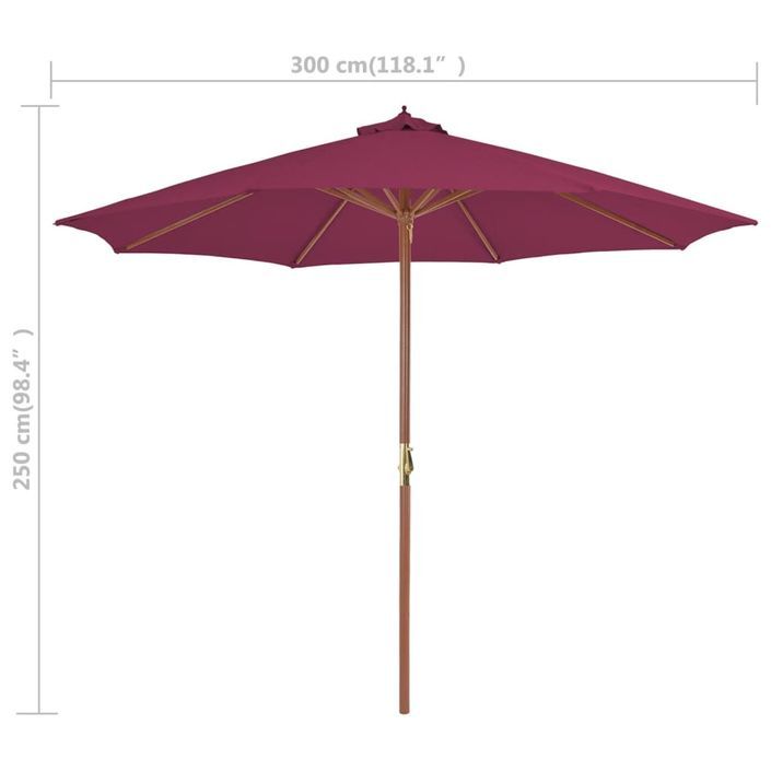 Parasol avec mât en bois 300 cm Rouge bordeaux - Photo n°7