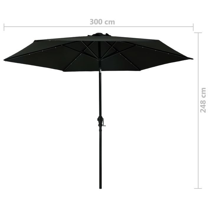 Parasol d'extérieur avec LED et mât en acier 300 cm Noir - Photo n°9