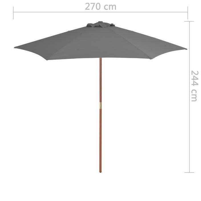 Parasol d'extérieur avec mât en bois 270 cm Anthracite - Photo n°6