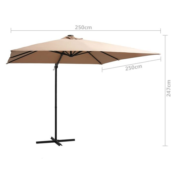 Parasol déporté avec LED et mât en acier 250x250 cm Taupe - Photo n°9