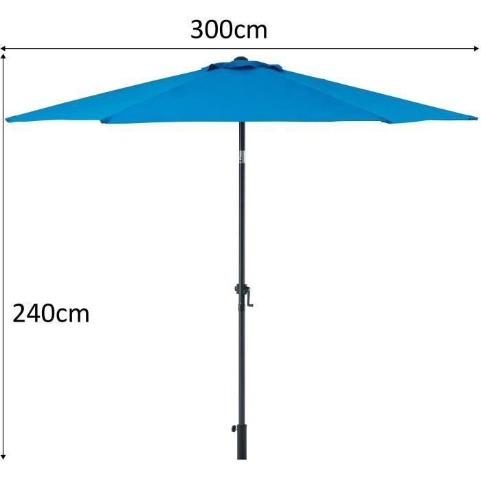 Parasol droit inclinable - Aluminium, 6 baleines en acier et polyester 160 g/m² - 3 m - Bleu profond - Photo n°3