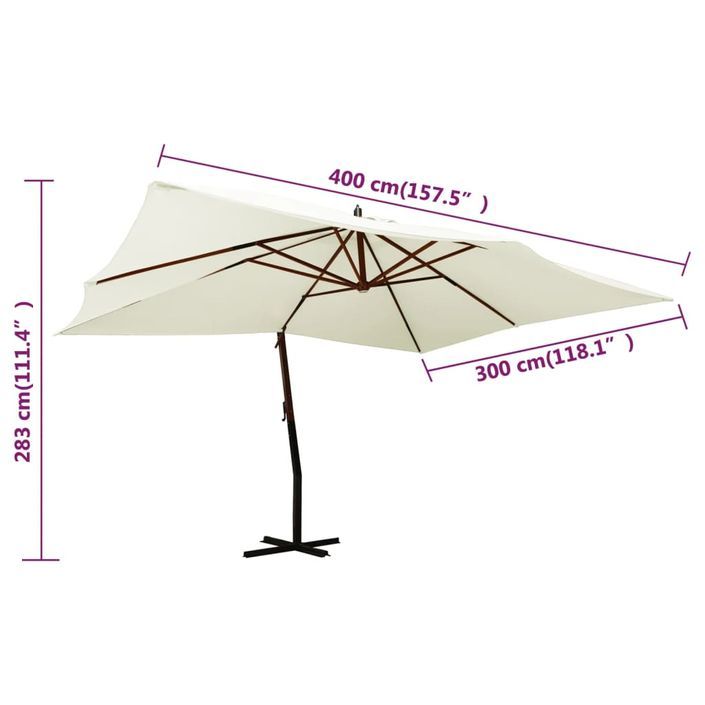 Parasol en porte-à-faux avec mât en bois 400x300 cm Blanc sable - Photo n°8
