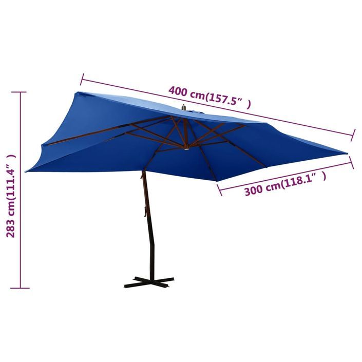 Parasol en porte-à-faux avec mât en bois 400x300 cm Bleu azuré - Photo n°8