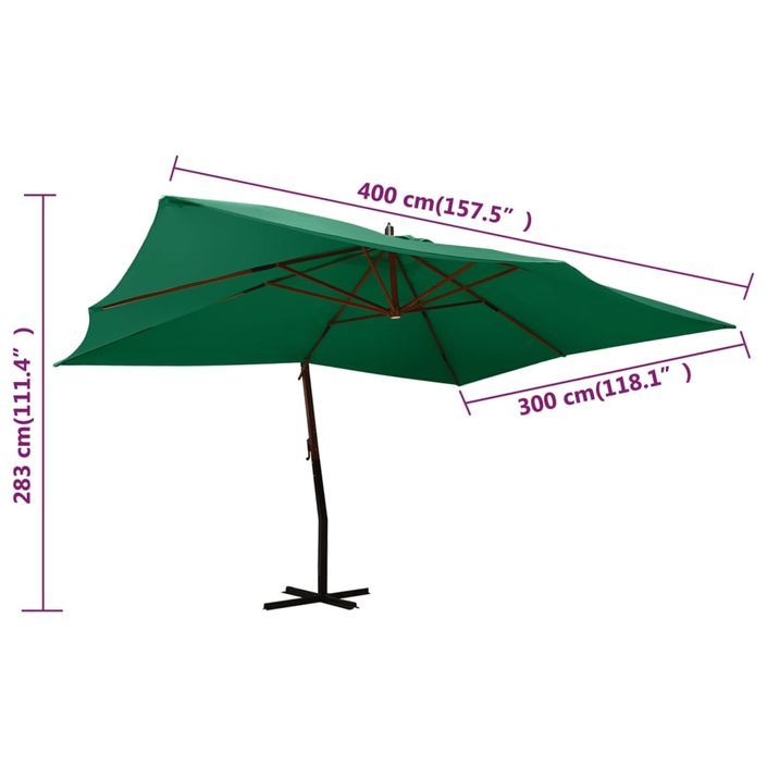 Parasol en porte-à-faux avec mât en bois 400x300 cm Vert - Photo n°8