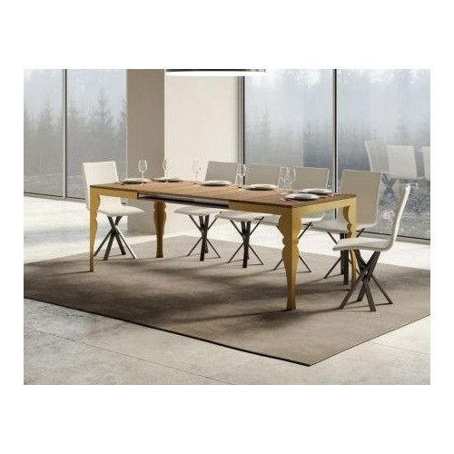 Table extensible 8 à 20 personnes bois clair et pieds métal doré L 180 à 440 cm Torza - Photo n°1