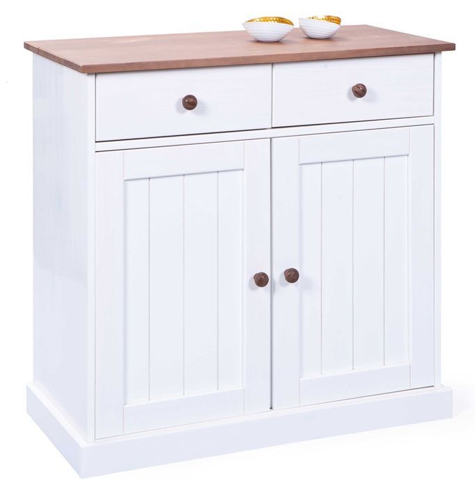 Petit buffet 2 portes pin massif foncé et blanc Campanou 90 cm - Photo n°1