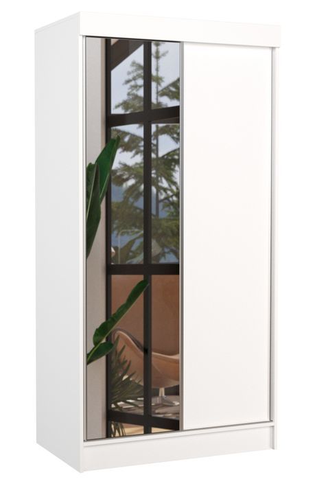 Petite armoire de chambre 2 portes coulissantes 1 bois blanc 1 miroir Nuza 100 cm - Photo n°1