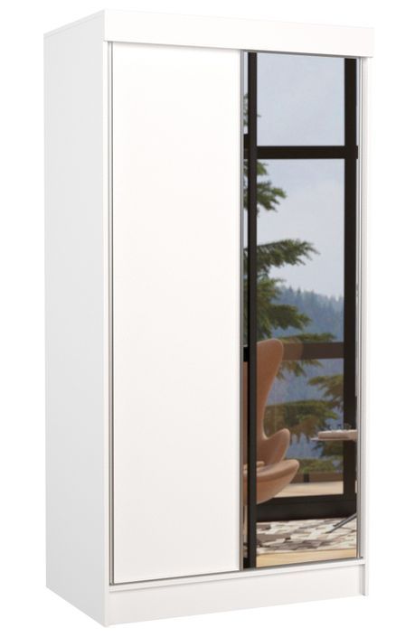 Petite armoire de chambre 2 portes coulissantes 1 bois blanc 1 miroir Ozlo 100 cm - Photo n°1