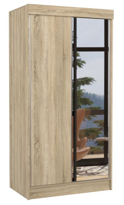 Petite armoire de chambre 2 portes coulissantes 1 bois clair 1 miroir Ozlo 100 cm - Photo n°1