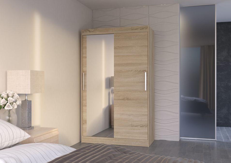 Petite armoire de chambre 2 portes coulissantes 1 bois clair 1 miroir Roba 120 cm - Photo n°2