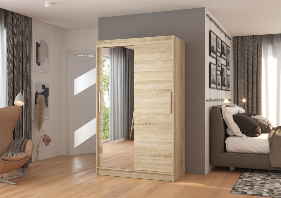 Petite armoire de chambre 2 portes coulissantes 1 bois clair 1 miroir Roba 120 cm - Photo n°3