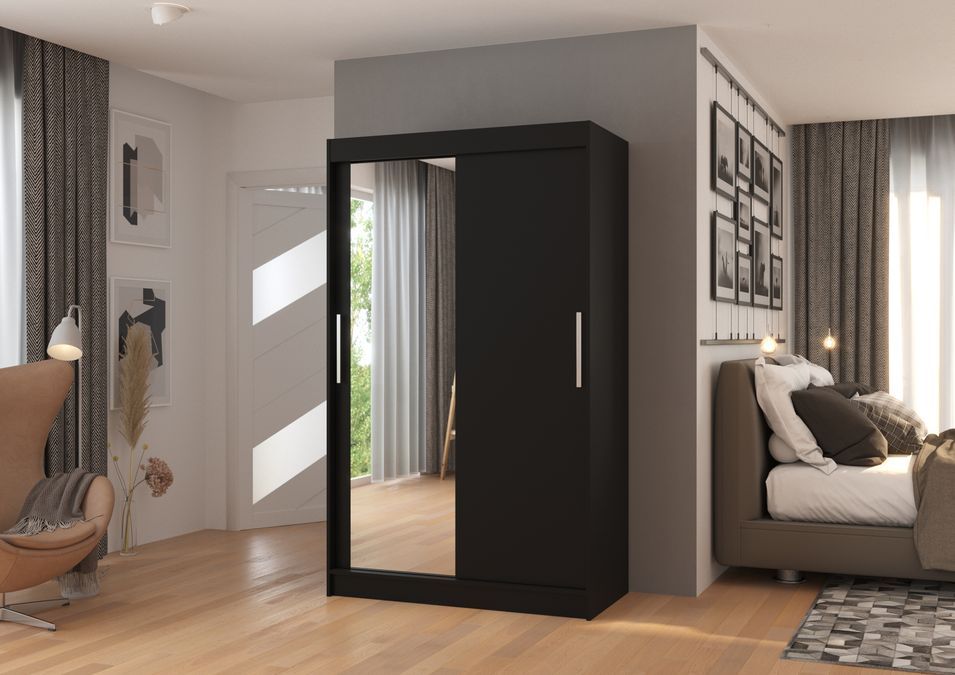 Petite armoire de chambre 2 portes coulissantes 1 bois noir 1 miroir Roba 120 cm - Photo n°2
