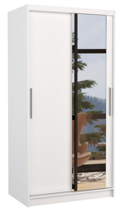Petite armoire de chambre 2 portes coulissantes blanche avec miroir Bazo 100 cm - Photo n°1