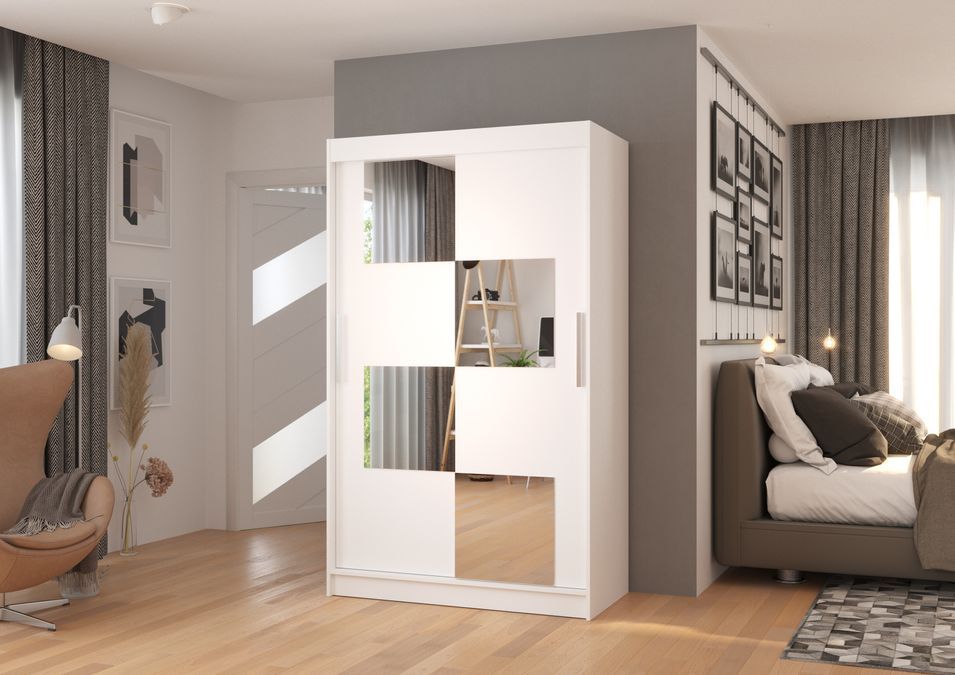 Petite armoire de chambre 2 portes coulissantes bois blanc et 4 miroirs Luko 120 cm - Photo n°3