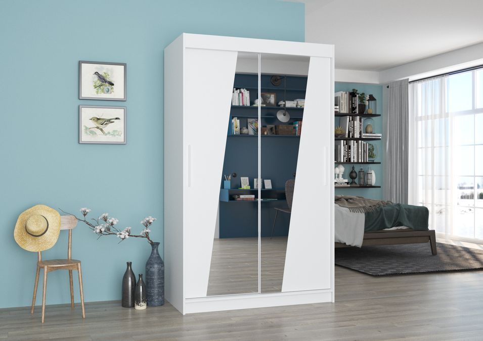 Petite armoire de chambre 2 portes coulissantes bois blanc et miroirs en diagonale Texano 120 cm - Photo n°2