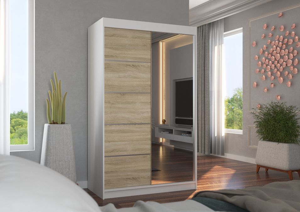 Petite armoire de chambre 2 portes coulissantes bois blanc et naturel avec miroir Noka 120 cm - Photo n°2