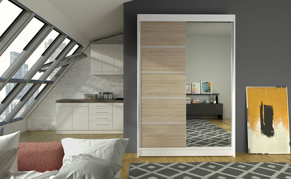 Petite armoire de chambre 2 portes coulissantes bois blanc et naturel avec miroir Noka 120 cm - Photo n°3
