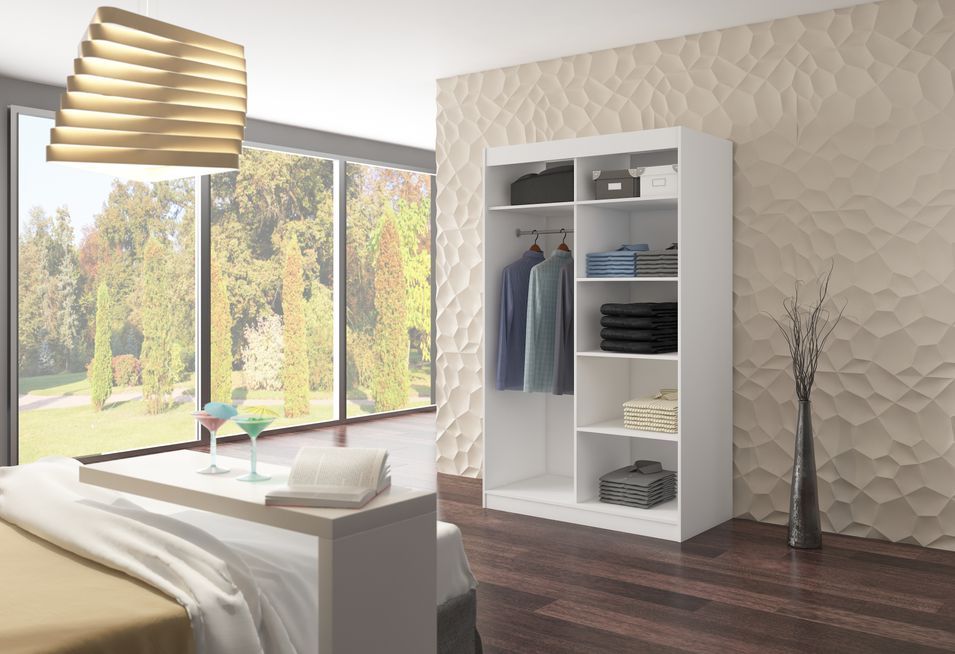 Petite armoire de chambre 2 portes coulissantes bois blanc et naturel avec miroir Noka 120 cm - Photo n°4